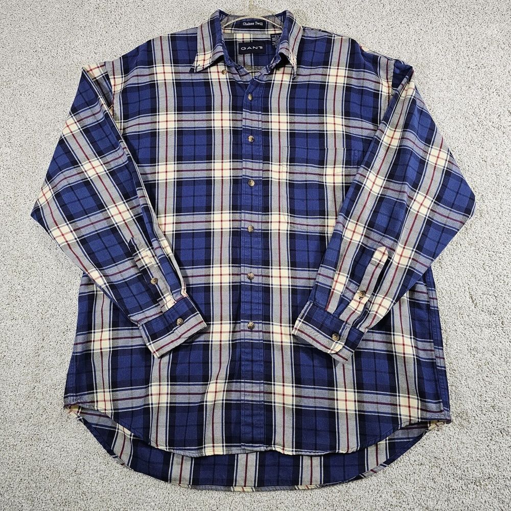 Gant Chelsea Twill Blue Plaid Long Sleeve Button‎ Down Shirt Mens L Streetwear
